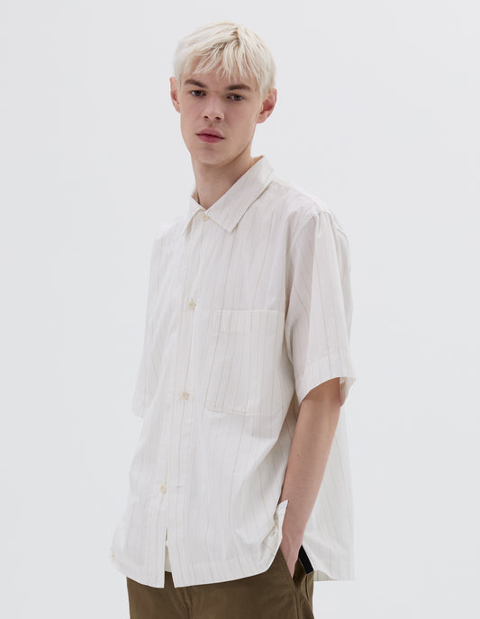 MHL. SHORT SLEEVE PJ SHIRT | MHL UNEVEN STRIPE | OFF WHITE / OLIVE