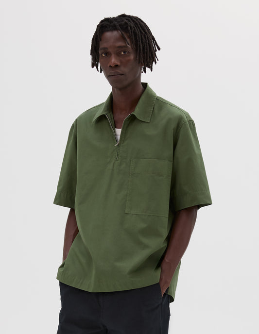 MHL. HALF ZIP PULL ON SHIRT | COMPACT COTTON POPLIN | GRASS