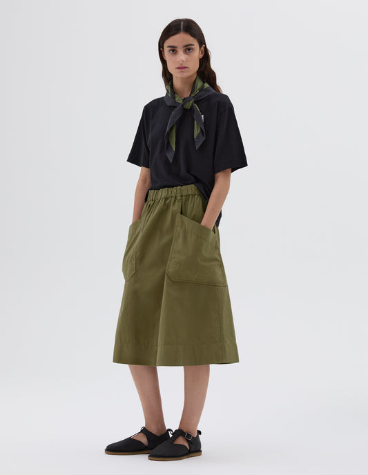 MHL. PATCH POCKET SKIRT | WASHED COTTON POPLIN | KHAKI GREEN