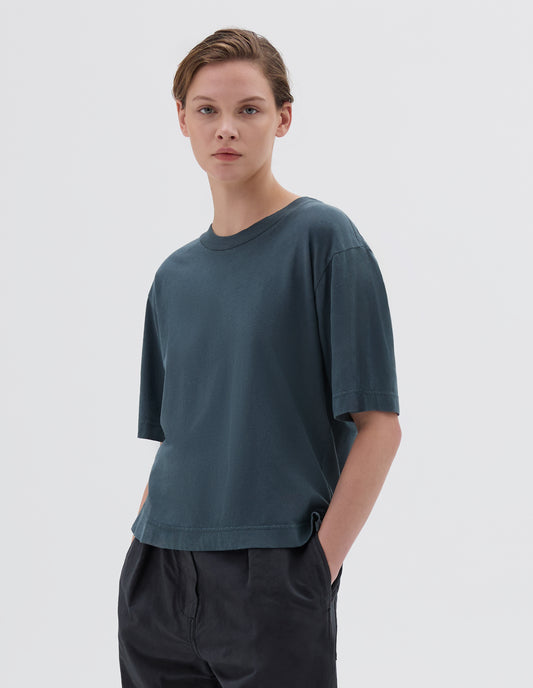 MHL. SIMPLE T SHIRT | ORGANIC COTTON LINEN JERSEY | MINERAL BLUE