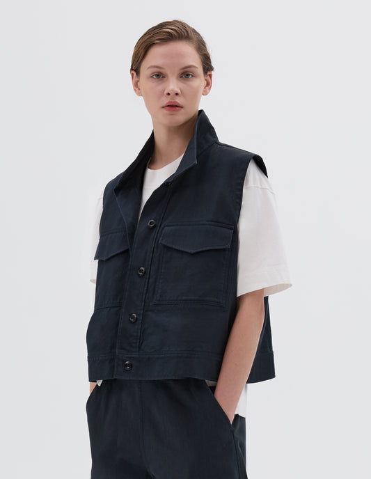 MHL. SLEEVELESS WORKSHIRT | IRREGULAR COTTON DRILL | NAVY