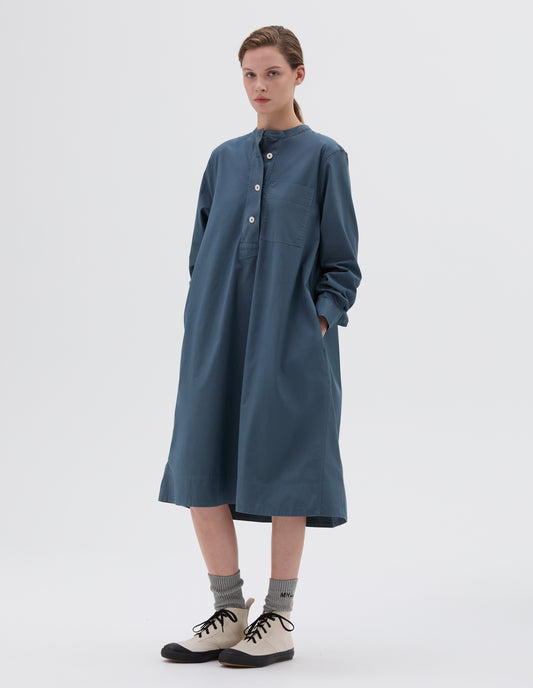 MHL. COLLARLESS SWING DRESS | WASHED COTTON POPLIN | MINERAL BLUE