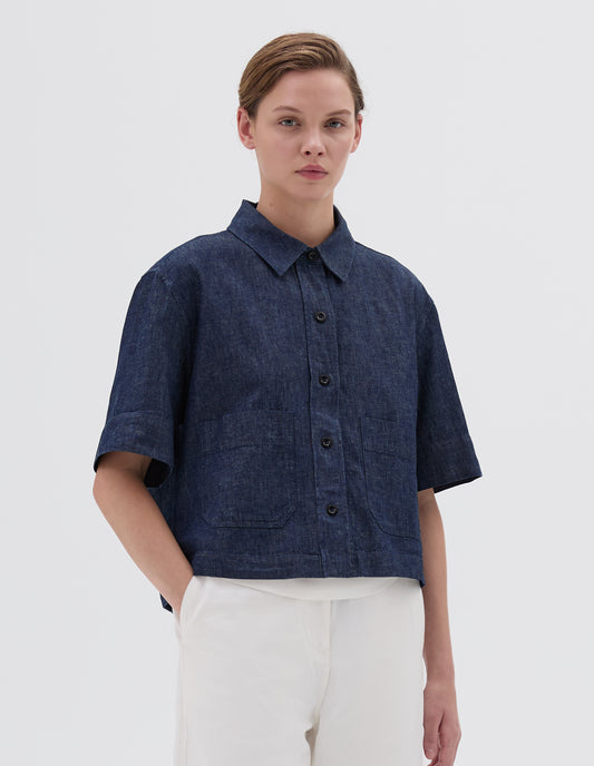 MHL. CROPPED UNIFORM SHIRT | COTTON LINEN DENIM | INDIGO