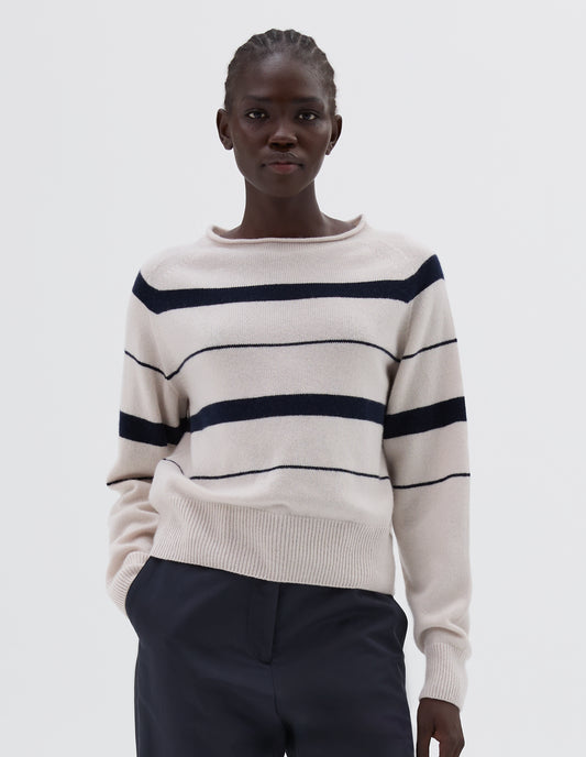 STRIPED ROLL EDGE JUMPER | CASHMERE COTTON | MOTHER OF PEARL / INK