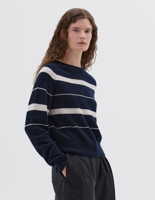 STRIPED ROLL EDGE JUMPER | CASHMERE COTTON | INK / MOTHER OF PEARL