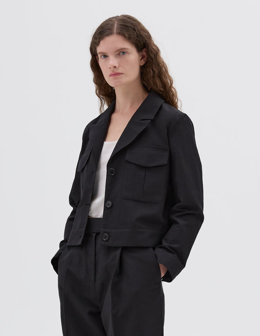 CROPPED JACKET | YARN DYED WOOL LINEN | BLACK