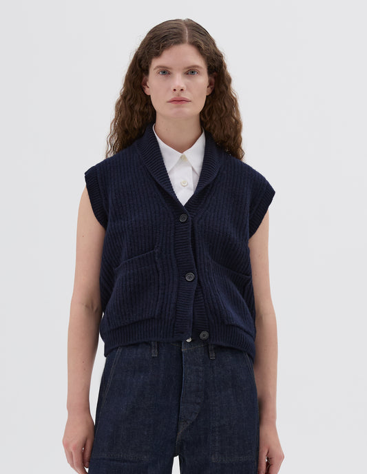 ENGLISH RIB SHAWL COLLAR WAISTCOAT | SOFT SPUN WOOL | DARK NAVY TWIST