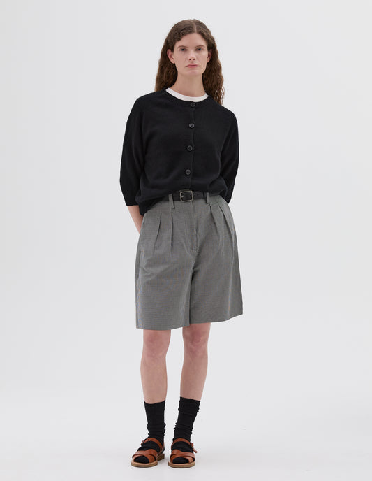 TWIN PLEAT SHORTS | COTTON LINEN GINGHAM | BLACK / ECRU