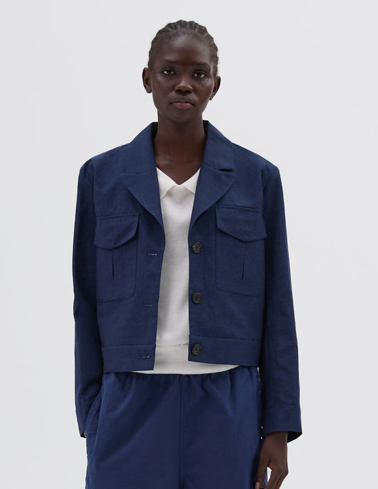 CROPPED JACKET | YARN DYED WOOL LINEN | DEEP BLUE