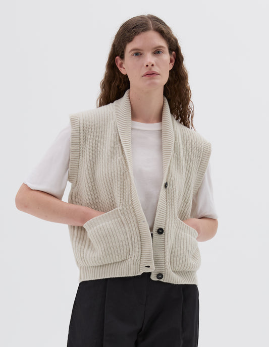 ENGLISH RIB SHAWL COLLAR WAISTCOAT | SOFT SPUN WOOL | ECRU