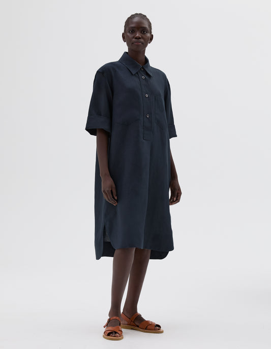 SHORT SLEEVE SHIRT DRESS | SHIRTING LINEN | DARK NAVY