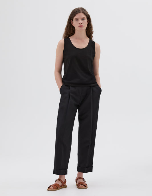 SINGLE PLEAT CROPPED TROUSERS | YARN DYED WOOL LINEN | BLACK