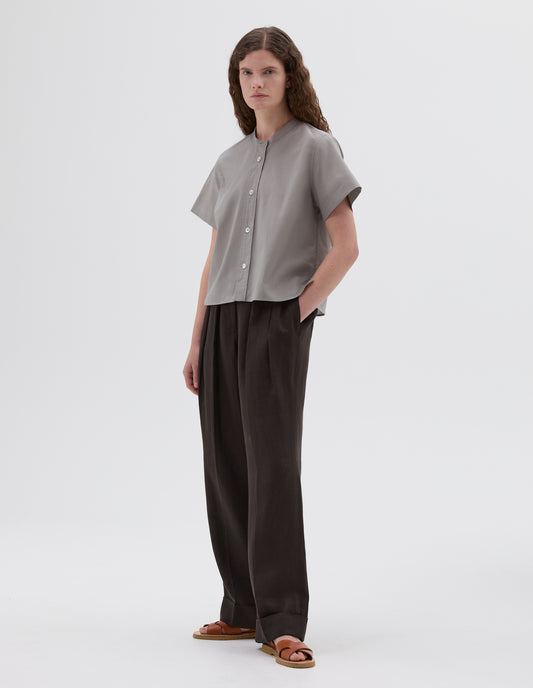 LOOSE LEG TROUSERS | COMPACT LINEN | DARK BROWN