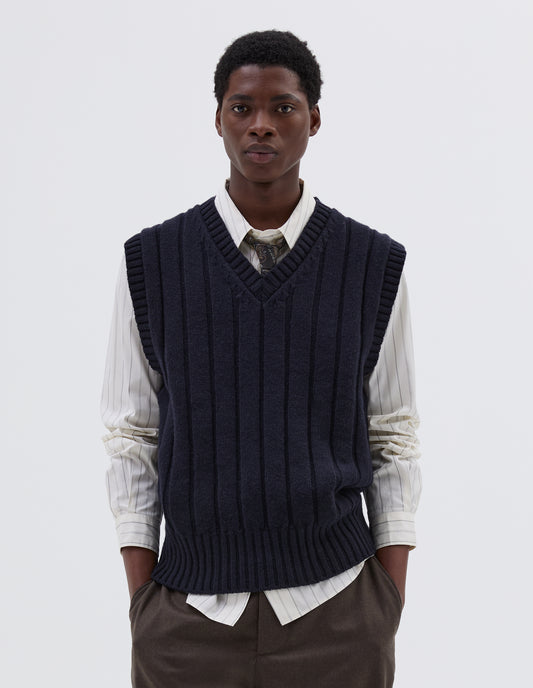 WIDE RIB SLIPOVER | IRREGULAR SPUN WOOL
 | NAVY