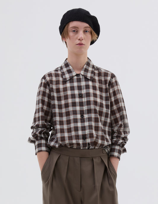 CURVE COLLAR SHIRT | SOFT COTTON CHECK | BLACK / WHITE / BROWN