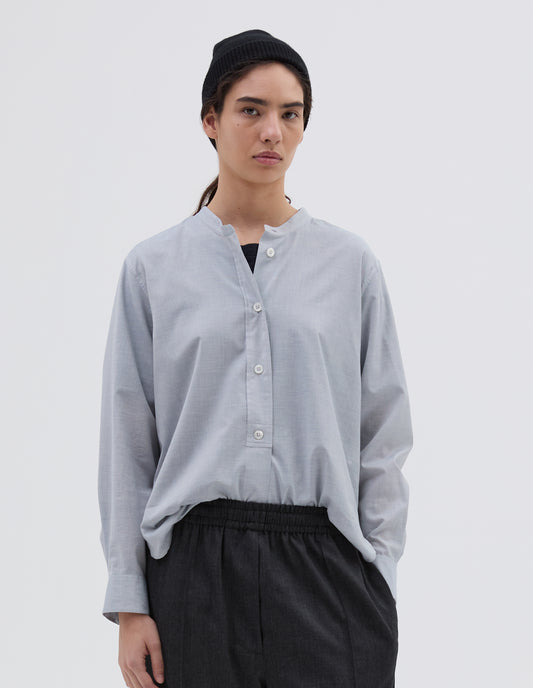 BUTTON THROUGH COLLARLESS SHIRT | LIGHT COTTON CASHMERE | BLUE