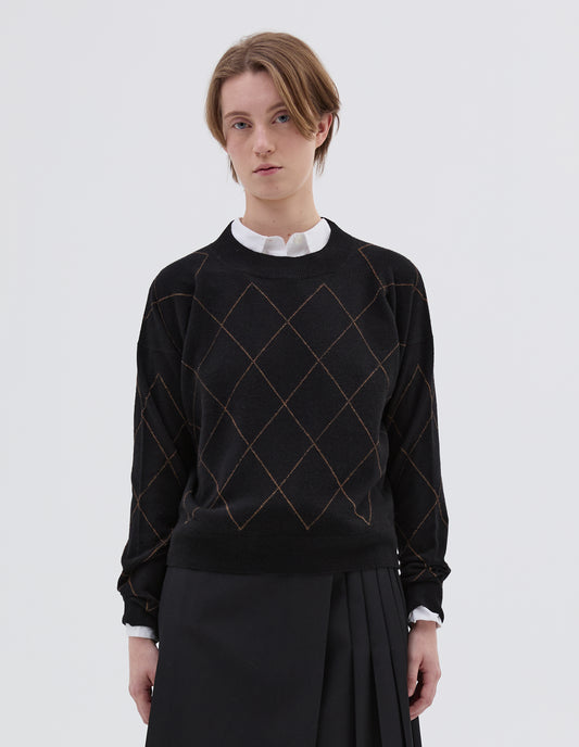 CREW NECK LINEAR ARGYLE JUMPER | MERINO CASHMERE | BLACK / TAN