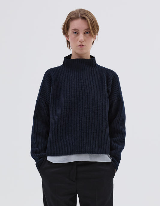 ENGLISH RIB FUNNEL NECK JUMPER | MERINO CASHMERE | NAVY