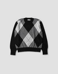 PULL RAS DU COU À LOSANGES ARGYLE | LAINE MÉRINOS ET CACHEMIRE | NOIR / GRIS