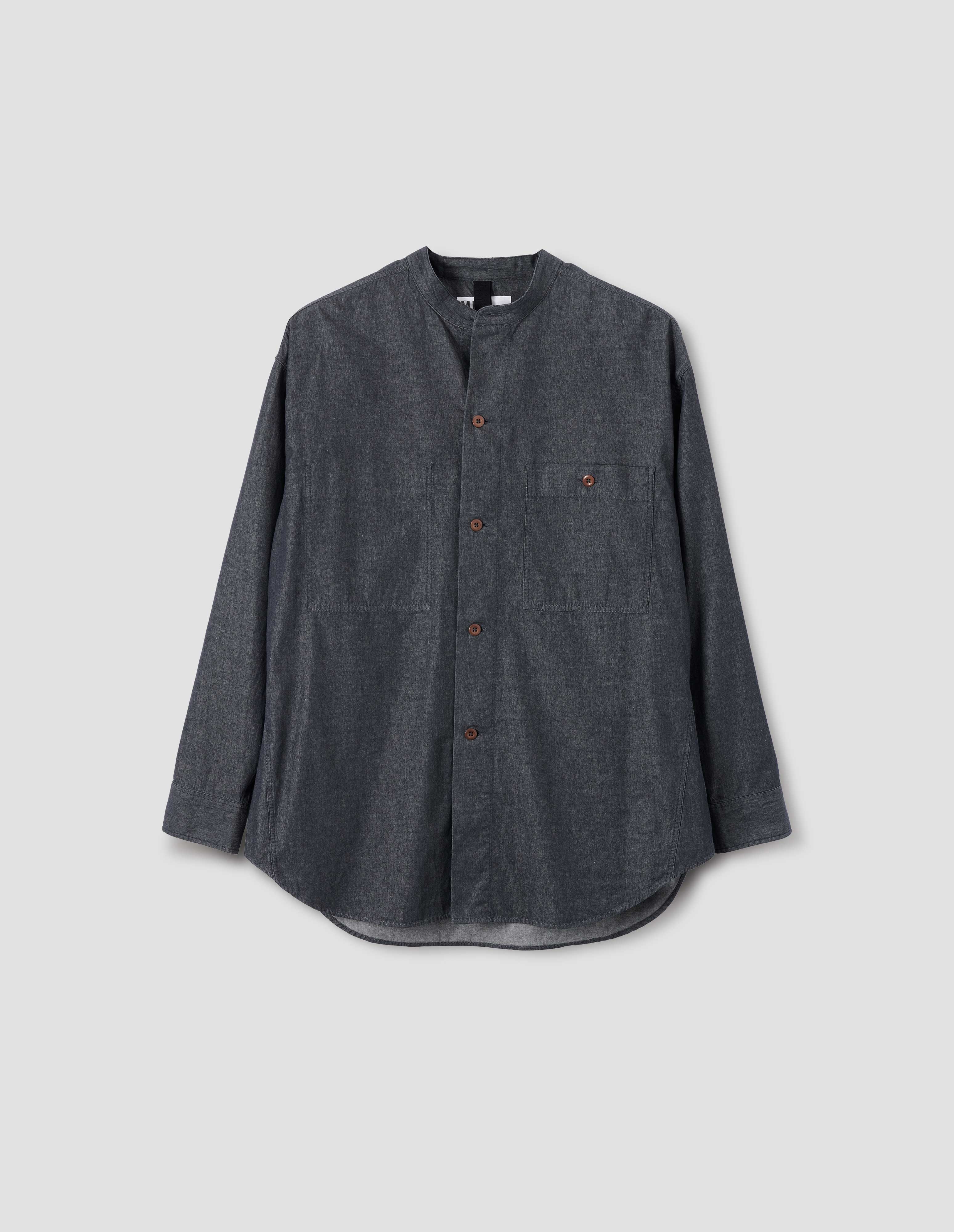 MHL. OVERSIZED COLLARLESS SHIRT | MATT COTTON CHAMBRAY, | CHARCOAL