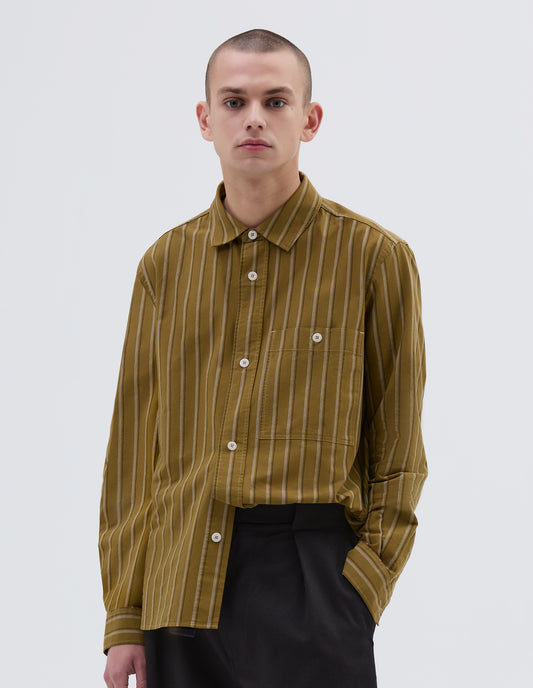 MHL. OVERALL SHIRT | OFFSET COTTON STRIPE | LIGHT OLIVE / OFF WHITE