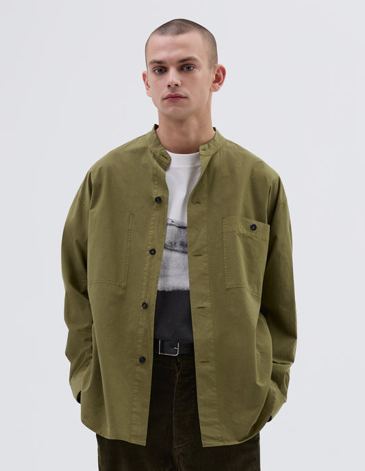 MHL. OVERSIZED COLLARLESS SHIRT | LIGHT COTTON LYOCELL
 | OLIVE GREEN