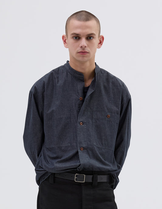 MHL. OVERSIZED COLLARLESS SHIRT | MATT COTTON CHAMBRAY
 | CHARCOAL