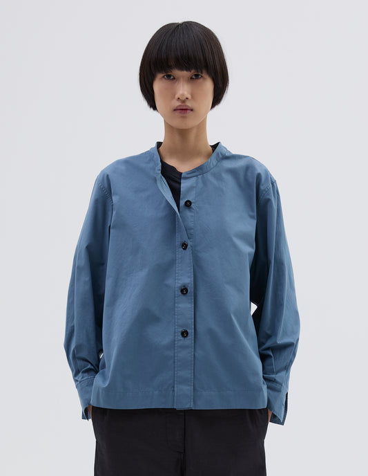 MHL. BUTTON THROUGH COLLARLESS SHIRT | COMPACT COTTON POPLIN | UNIFORM BLUE