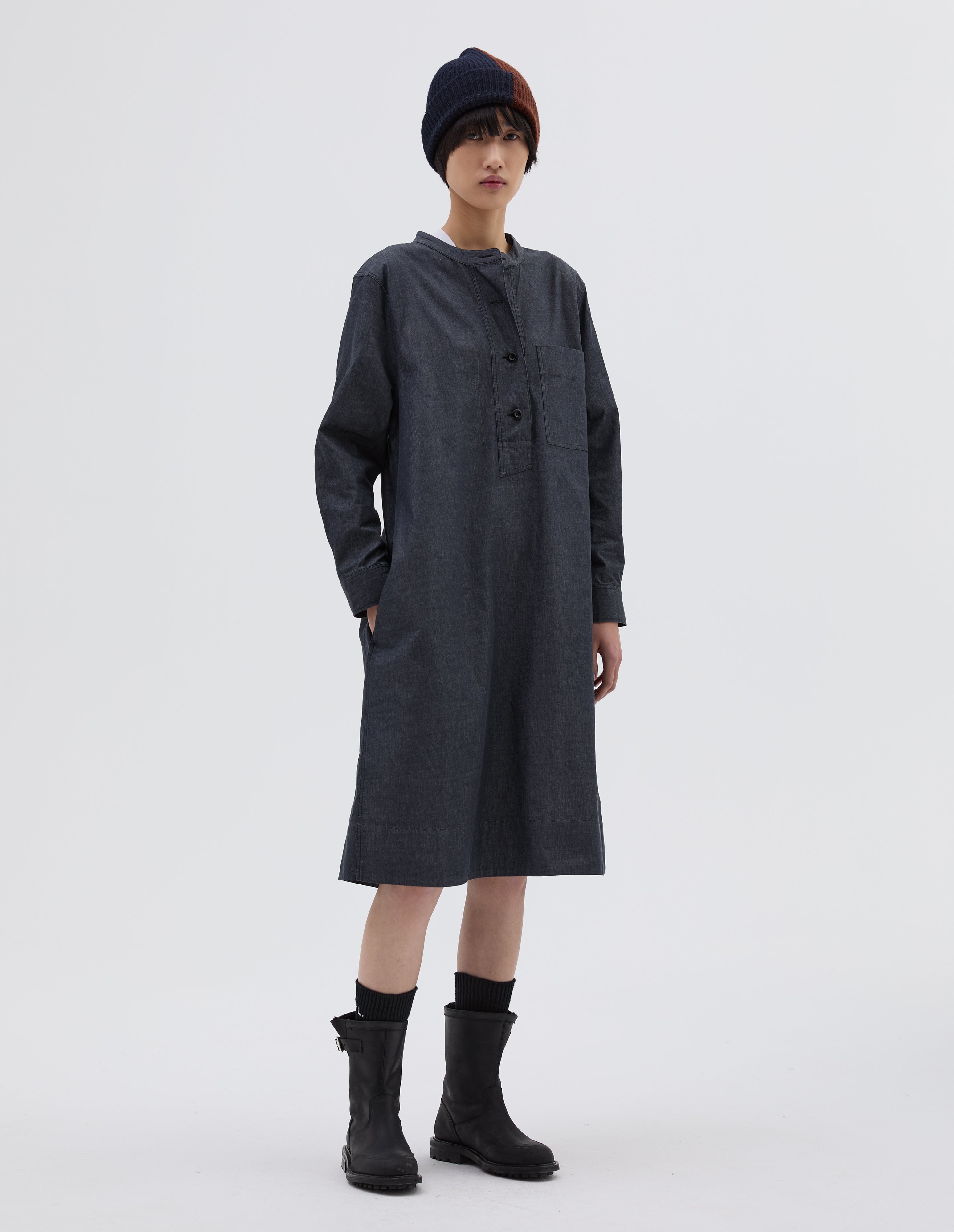 MHL. COLLARLESS SWING DRESS | MATT COTTON CHAMBRAY | CHARCOAL