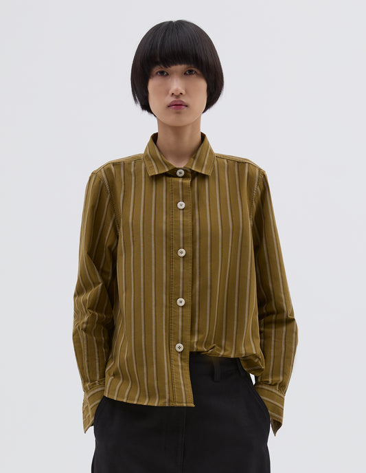 MHL. SIMPLE SHIRT | OFFSET COTTON STRIPE | LIGHT OLIVE / OFF WHITE