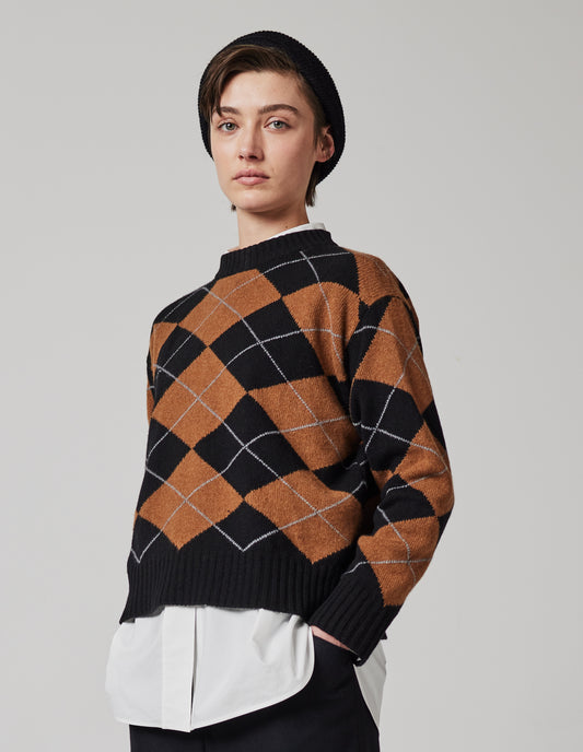 PULL À LOSANGES ARGYLE OVERSIZE | LAINE MÉRINOS ET CACHEMIRE | NOIR / MARRON ORANGÉ