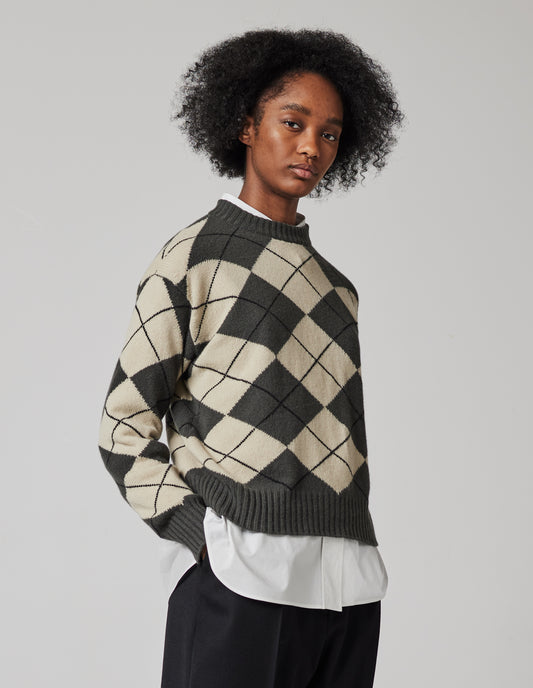 PULL À LOSANGES ARGYLE OVERSIZE | LAINE MÉRINOS ET CACHEMIRE | KAKI / ÉCRU