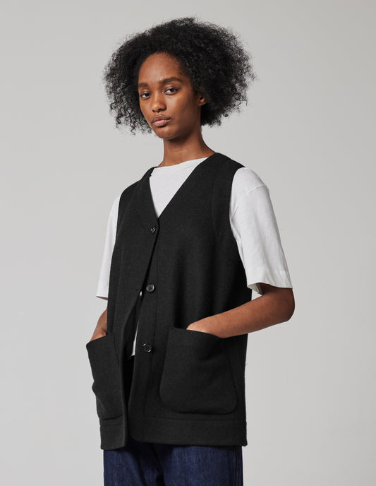 VESTE LONGUE SANS MANCHES | LAINE DOUBLE FACE | NOIR