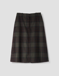 BACK VENT SKIRT | CHECK WOOL TWILL | KHAKI / BROWN