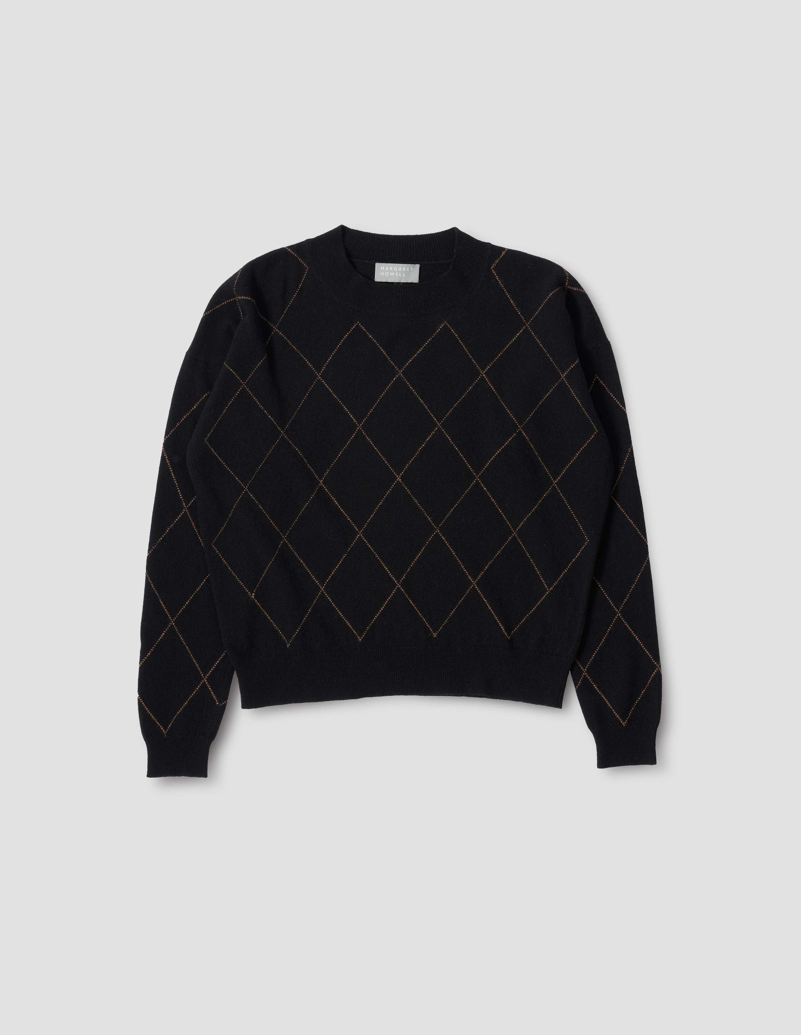 CREW NECK LINEAR ARGYLE JUMPER MERINO CASHMERE BLACK TAN