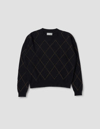 CREW NECK LINEAR ARGYLE JUMPER | MERINO CASHMERE | BLACK / TAN