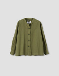 MHL. BUTTON THROUGH COLLARLESS SHIRT | LIGHT COTTON LYOCELL | OLIVE GREEN