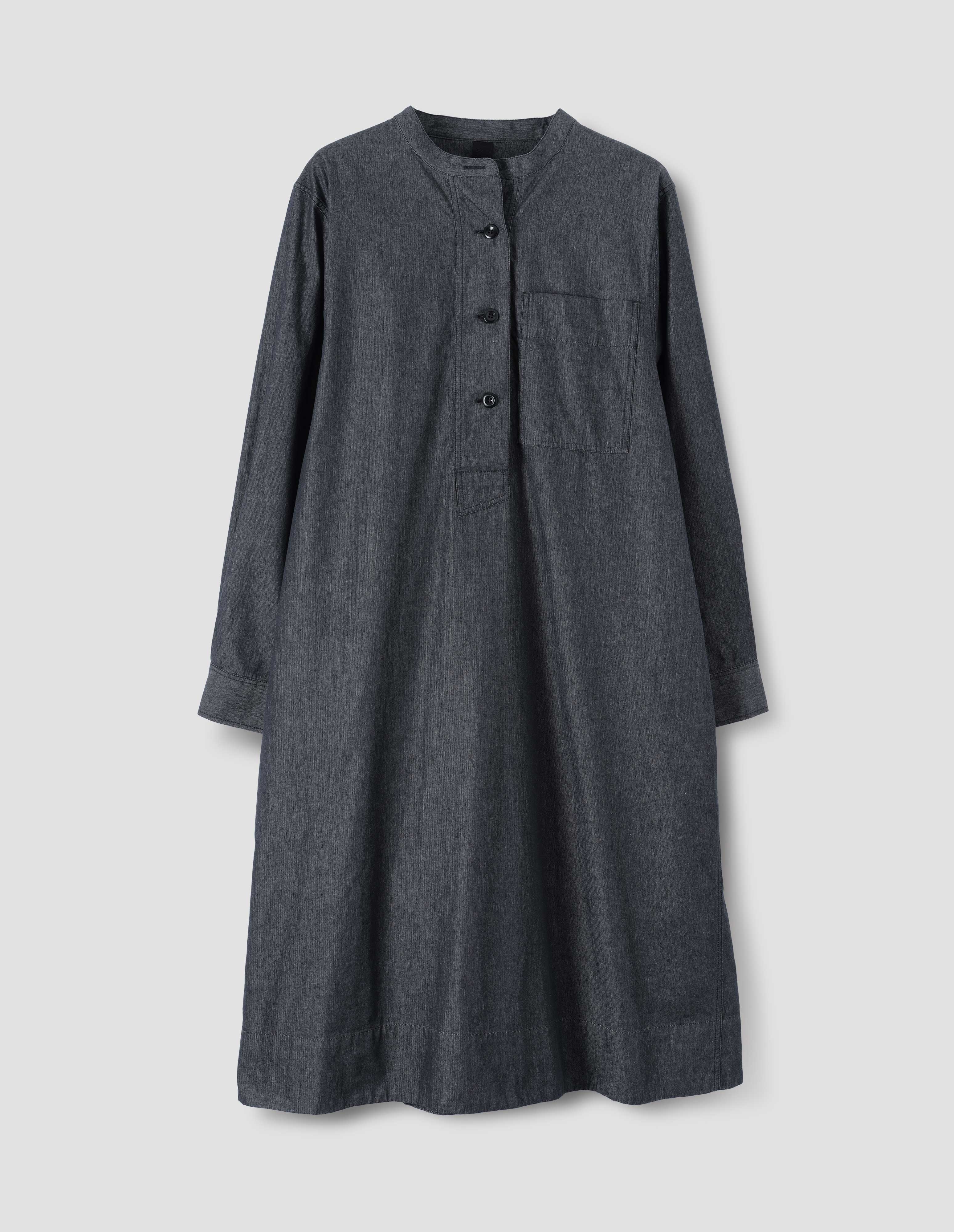 MHL. COLLARLESS SWING DRESS | MATT COTTON CHAMBRAY | CHARCOAL