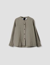 MHL. BUTTON THROUGH COLLARLESS SHIRT | LIGHTWEIGHT COTTON LINEN | FADED KHAKI