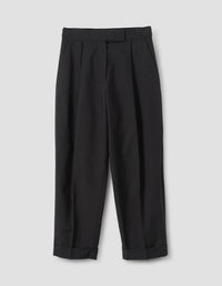 SINGLE PLEAT CROPPED TROUSERS | YARN DYED WOOL LINEN | BLACK