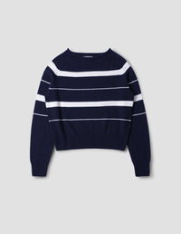 STRIPED ROLL EDGE JUMPER | CASHMERE COTTON | INK / MOTHER OF PEARL