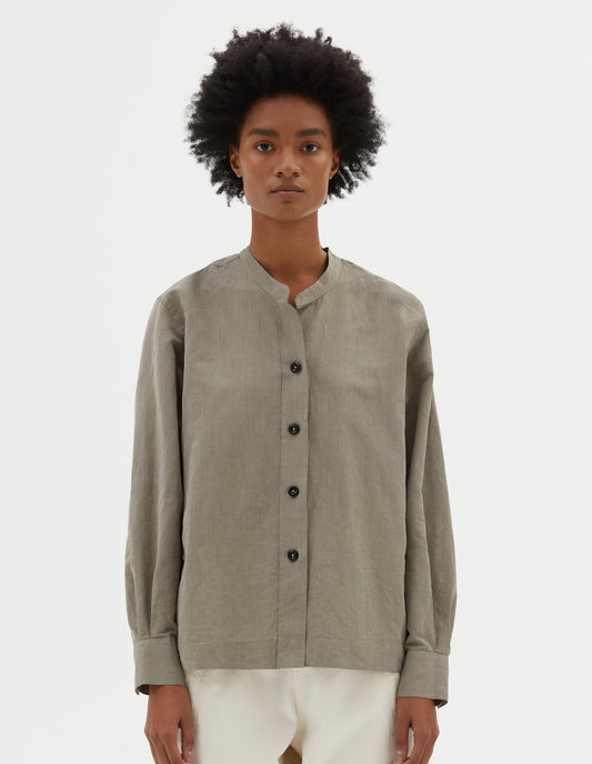 MHL. BUTTON THROUGH COLLARLESS SHIRT | LIGHTWEIGHT COTTON LINEN | FADED KHAKI